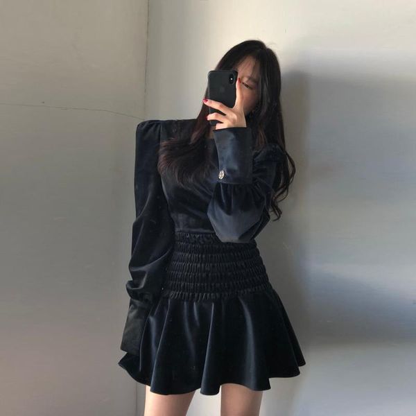 

casual dresses vintage autumn slim high waist o neck long sleeve ruffled dress mini black velvet vestido de mujer robe wild fashion, Black;gray