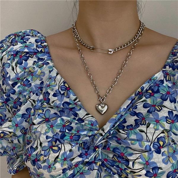 

pendant necklaces minar punk hip hop paperclip love heart necklace for women chunky curb chain double layered chokers jewelry, Silver