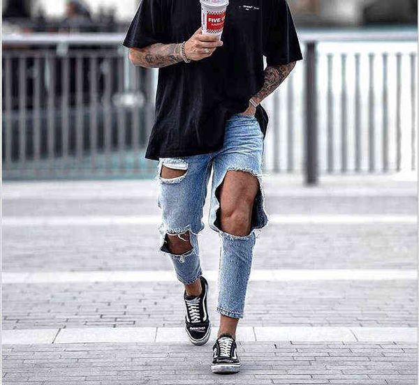 

men's jeans men's jeans big hole fashion trousers men's leggings, Blue