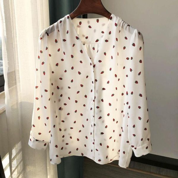 

women's blouses & shirts 100% silk strawberry print women shirt 3/4 sleeve v-neck sweet lady blouse super soft and comfortable, White