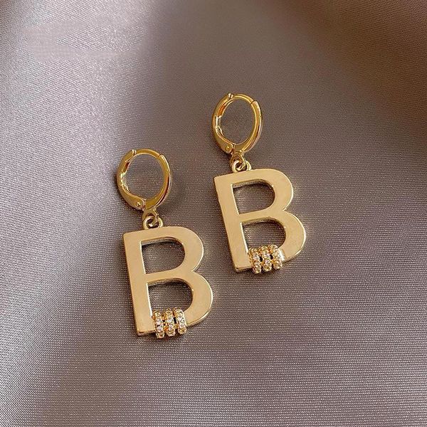 

hoop & huggie design 14k real gold the letter b earrings for women charm jewelry shiny zirconia weddings party fine gift, Golden;silver