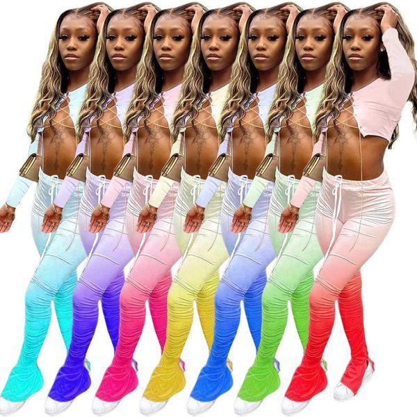 

tracksuits women's gradient color hip-lifting metal chain strap pleated open 7-color micro horn long sleeve suit, Gray