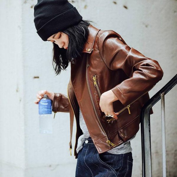 

women's jackets brown spring autumn vintage harajuku pu leather women fashion turn-down collar slim female cropped motorcycle, Black;brown