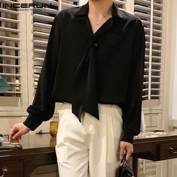 

men's casual shirts fashion men shirt solid color lapel long sleeve personality korean with tie 2021 button streetwear camisas incerun, White;black