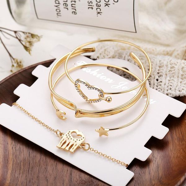

link, chain 4 pcs/set bohemian charm hamsa hand bracelet set for women shiny zircon heart shape simple star moon bracelets bangles jewelry, Black