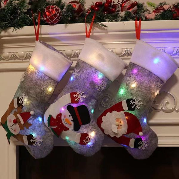 

christmas decorations 1pcs stockings socks led light up snowman santa elk bear printing xmas candy gift bag tree decoration