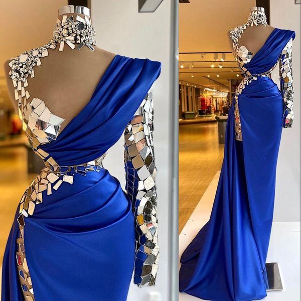 

2023 arabic prom dresses aso ebi luxurious beaded crystals royal blue illusion high neck evening dress sheath one shoulder split m235h, Black