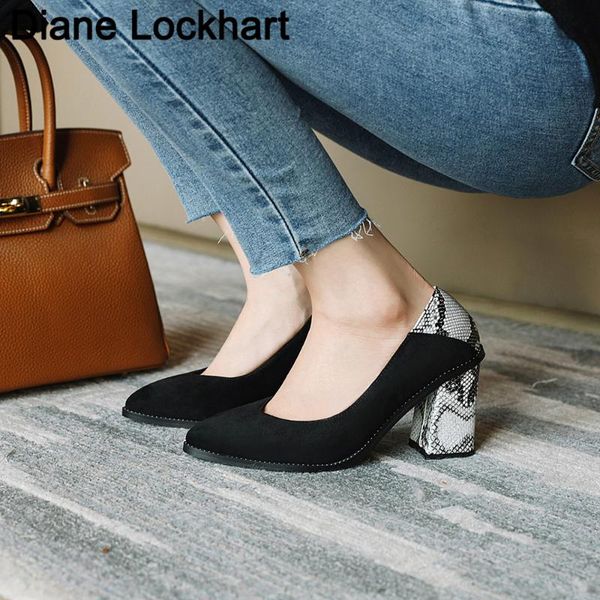 

dress shoes suede fashion women snake print rivets lady chunky block pointed toe mixed colors 8cm high heels studded pumps, Black