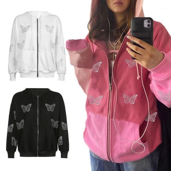 

women's jackets women zip up drawstring hoodie jacket harajuku goth punk butterfly diamond hip hop sweatshirt coat long sleeve oversize, Black;brown