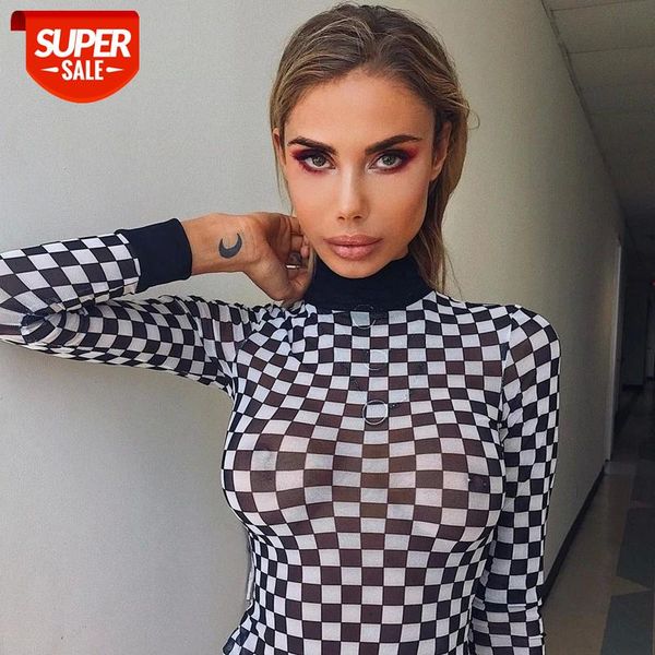 

black white plaid checkerboard t-shirts for women hollow out slim female t-shirt long sleeve tee shirts #yw5k