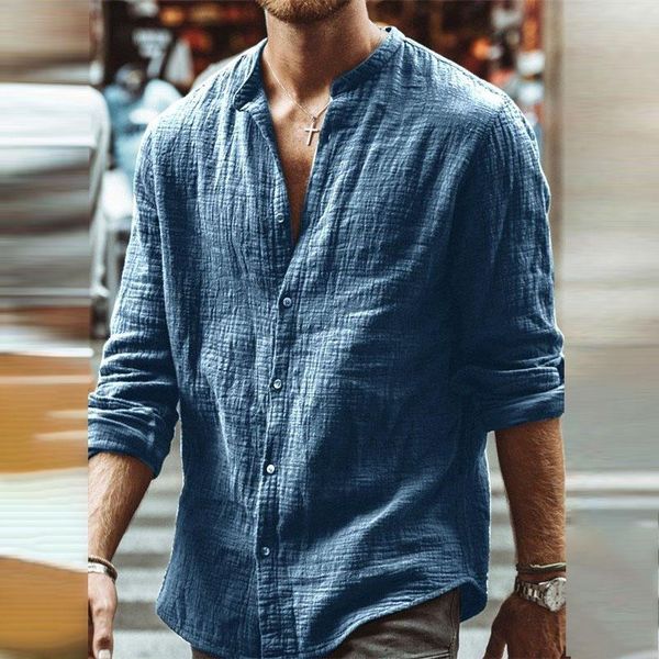 

men's casual shirts 2021 autumn men cotton linen solid shirt stand collar long sleeve fashion loose clothing streetwear, White;black