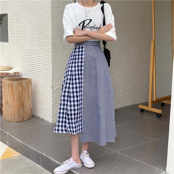 

skirts 2021 temperament fashion stitching plaid a-line skirt women, Black