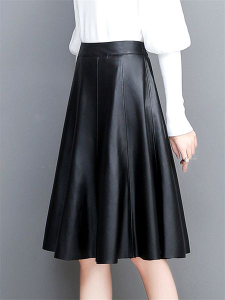 

2021 spring pleated of mid-length leather large elastic sheath high waist skirt plus elegant size female jupe y1037 fhvc, Black