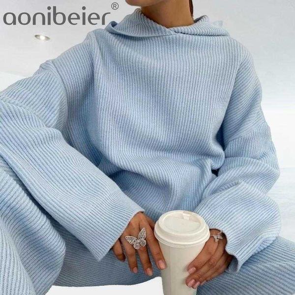 

solid knitted women hooded 2 piece set loose long sleeve sweatshirt wide-legged elastic waist pants lady sets elegant 210604, White