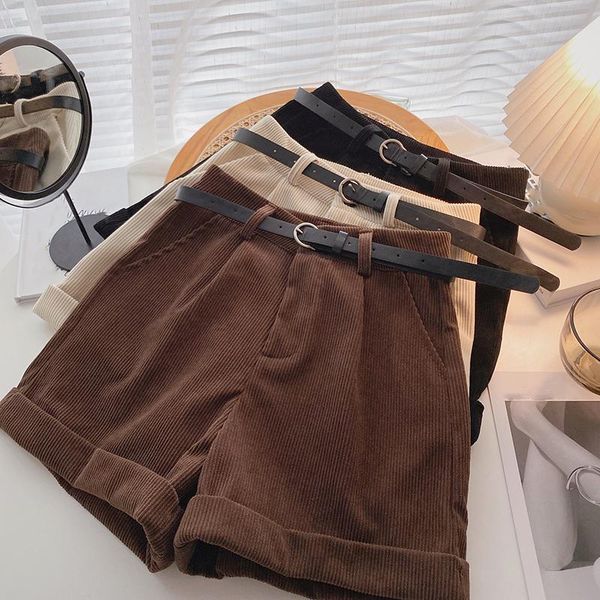 

women's shorts women fashion casual ladies autumn winter korean high waist a-line belts pockets corduroy female streetwear, White;black