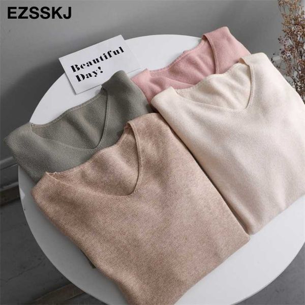 

chic casual autumn winter basic sweater pullovers women v-neck solid knit slim pullover female long sleeve warm khaki sweater 211217, White;black