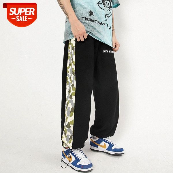 

retro hip-hop camouflage striped print drawstring casual pants men's straight leg wide-leg #6n2z, Black