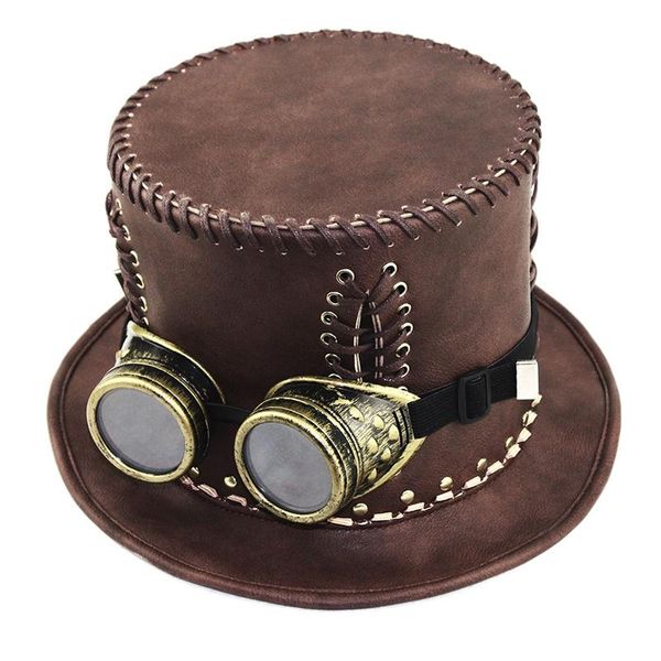 

wide brim hats retro gothic heightening original halloween cosplay high-grade leather hat dome steampunk magic punk cap cool stage party, Blue;gray