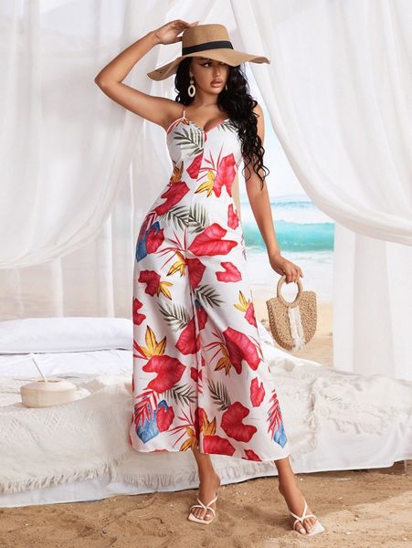 

sxy tropical print cami wide leg jumpsuit y1ht#, White