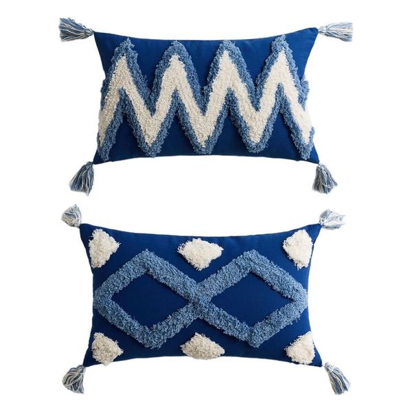 

30x50cm boho lumbar pillow case white blue geometric tufted tassel cushion cover