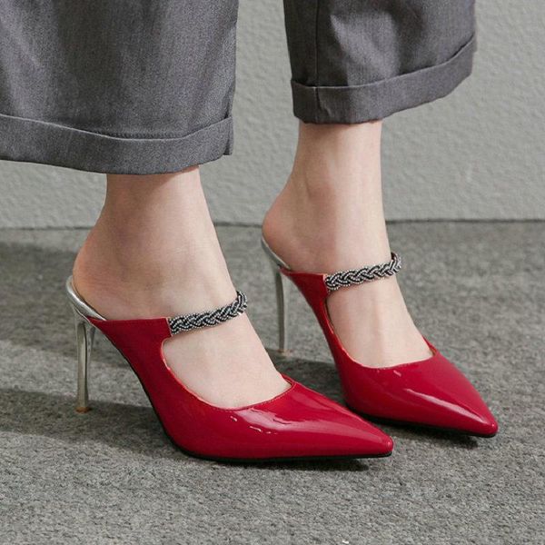 

zawsthia 2021 super thin high heels women's mules slip-on pointed toe patent pu leather party wedding woman pumps sandals, Black