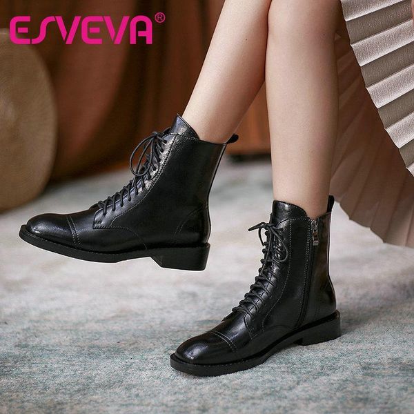 

boots esveva 2021 lace up square heel cow leather ankle women shoes zipper platform round toe size 34-39, Black