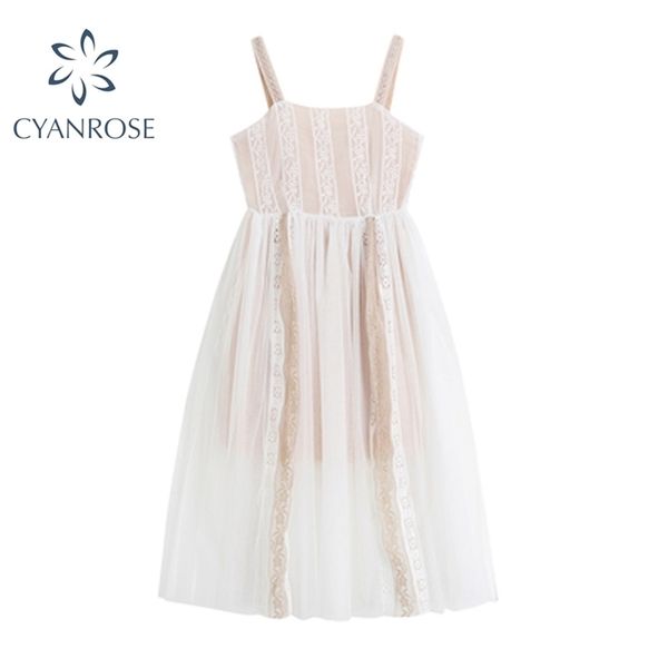 

sleeveless vestidos high waist sweet women's dress fashion summer lace mesh square collar female causal long sumdresses 210515, Black;gray