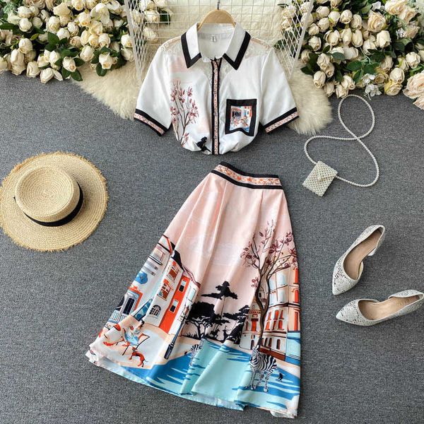 

fashion suits female lapel short-sleeved lace patchwork shirt retro print high waist long skirt two-piece outfits women 210525, White