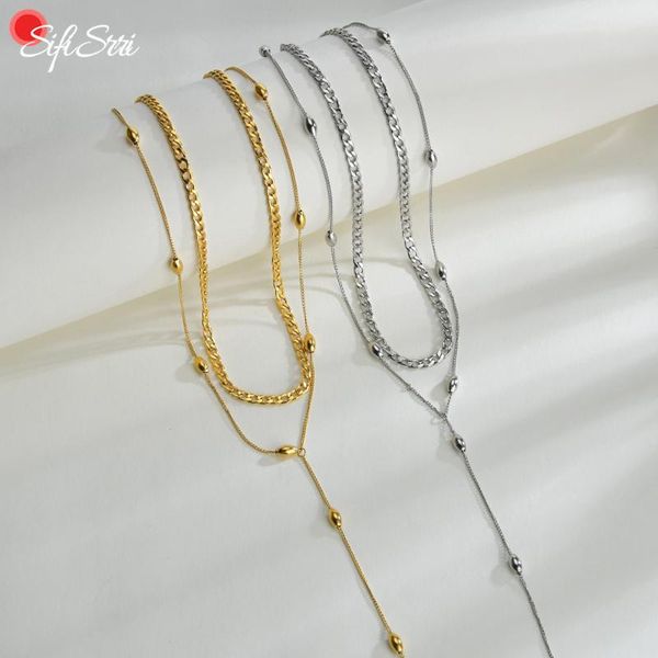 

chains sifisrri double layer beads y-shaped necklace stainless steel cuban chain long drop pendant for women girl party jewelry gift, Silver