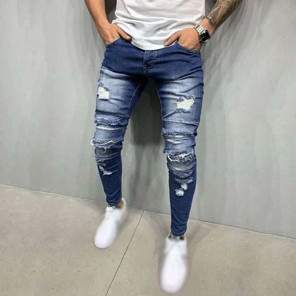 

men's jeans 2021 multi-hole blue stretch denim trousers slim small joggers man pants straight leg casual high waisted