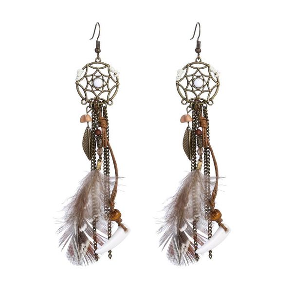 

women's earrings fashion jewelry 2021 bohemian retro dream catcher handmade horn feather tassel long hanging dangle & chandelier, Silver