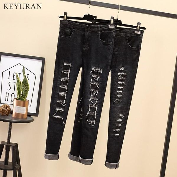 

women's jeans plus size 2xl 3xl4xl ripped for women destroyed washed hole pants fashion high waist black skinny femme l2579, Blue