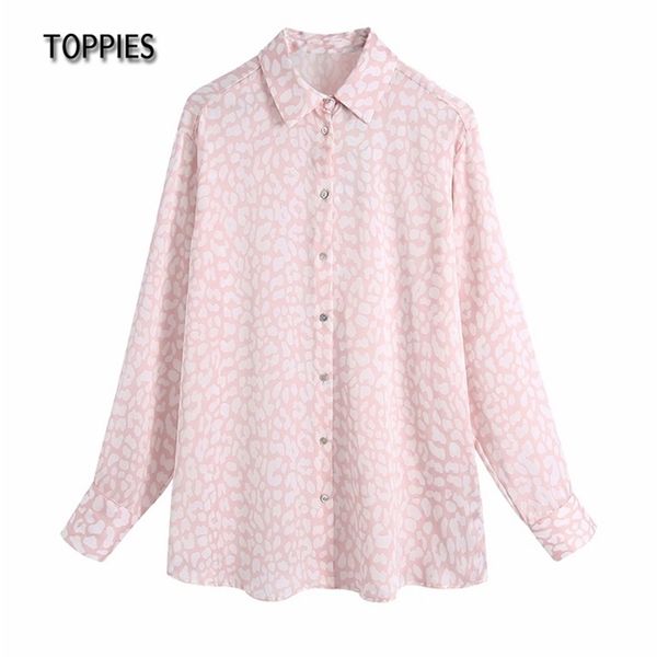 

fashion pink leopard shirts casual loose oversize woman long sleeve silk 210421, White
