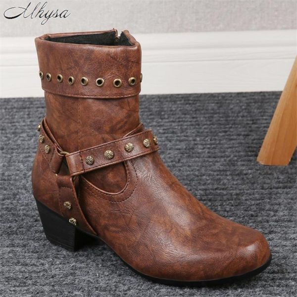 

boots fashion women winter retro platform ankle mid heels shoes vintage leather for w627, Black