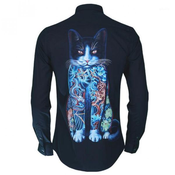

fortune cat printed men shirt cotton solid color long sleeve mens dress shirts trend 3d digital printing slim casual men's, White;black