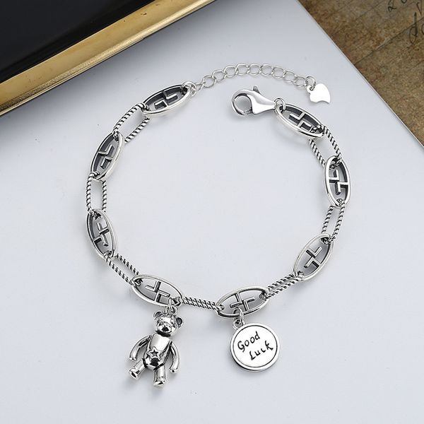 

chaosheng s925 sterling silver round card luck cartoon bear bracelet ins japan and south korea fengwang red girlfriends hand ornaments, Golden;silver