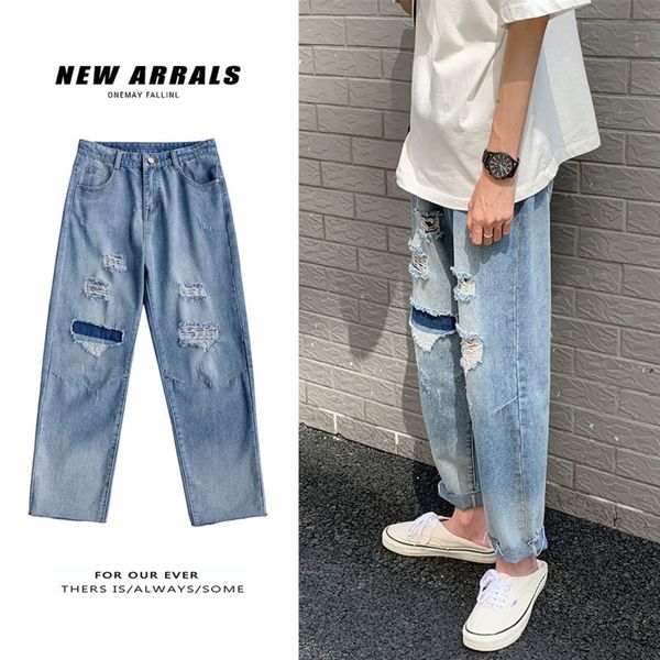 

summer hole patch jeans mens fashion washed retro straight jeans men streetwear wild loose hip hop hole denim pants mens -3xl, Blue