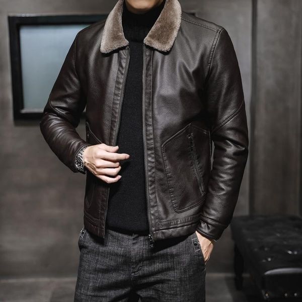 

winter men's fur one piece leather coat lapel business casual jacket plush wear jackets, Black;brown