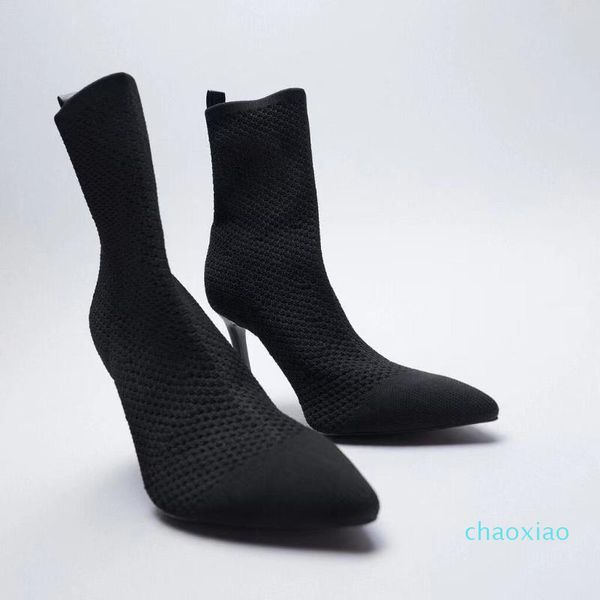 

boots women high heels pointe shoes boots-women stiletto mid calf rubber pointy mid-calf 2021 ladies pointed toe cotton fabric, Black