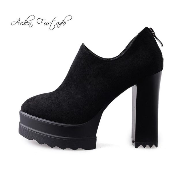 

dress shoes arden furtado spring autumn 2021 fashion women's back zipper round toe platform chunky heels brown pumps size 32 33 ladies, Black