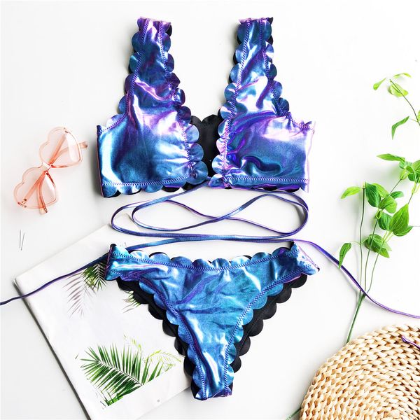 

scalloped deep v mid waist bikini female swimsuit women swimwear two-piece bikini set wrap around bather bathing suit swim k2407