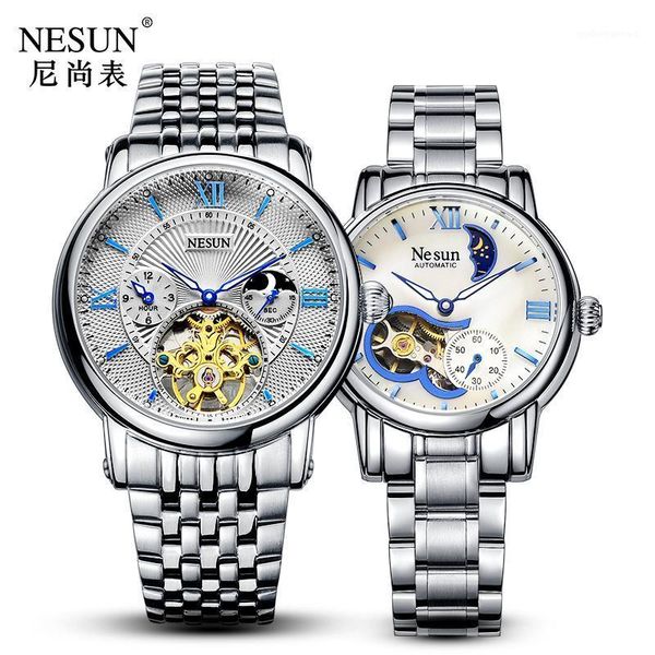 

switzerland nesun hollow tourbillon watch men & women automatic mechanical couple's watches sapphire clock n9091l wristwatches, Slivery;brown