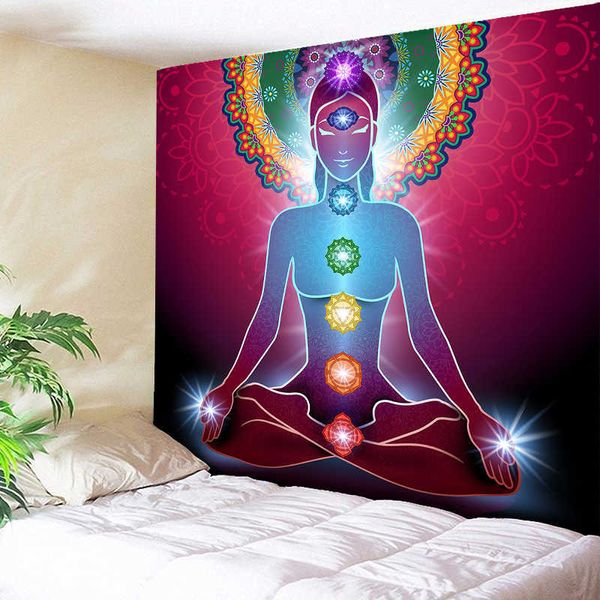 Indiana Buda Estátua Meditação 7 Chakra Tapeçaria Pendurar Mandala Tapeçarias Pano de Parede Psicodélico Yoga Tapete Boho Decor 210609