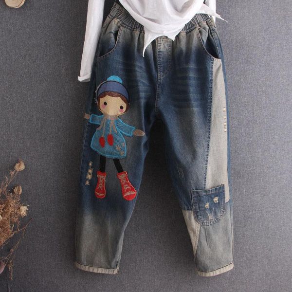 

women's jeans plus size pants women embroidery cartoon gradient painted denim harem oversized trousers boyfriend jogger streetwear, Blue