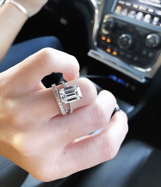 

cluster rings emerald cut 4ct simulated diamond wedding engagement cocktail women luxury 925 sterling silver ring set fine jewelry gift, Golden;silver