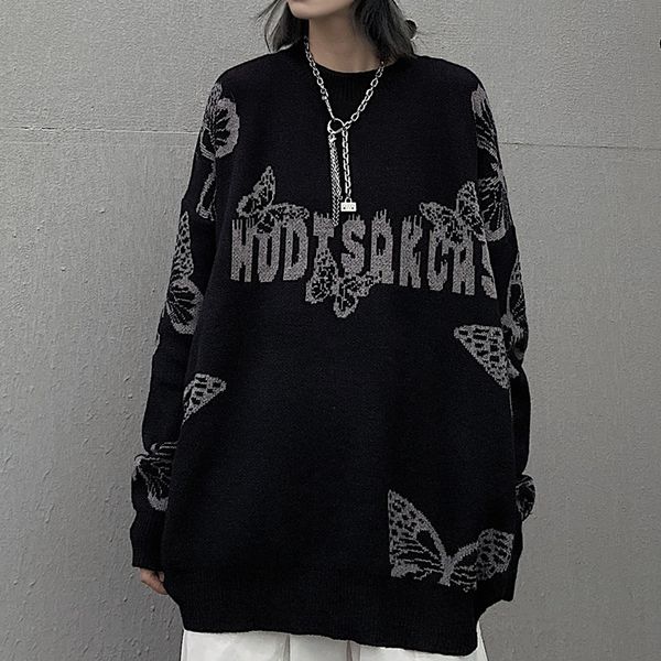 

harajuku gothic butterfly jacquard oversized sweater black o neck knitted sweater for women and man 2021 new loose streetwear
