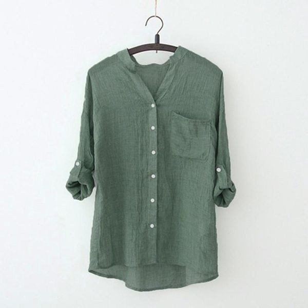 

women's blouses & shirts cotton linen for women autumn long sleeve v-neck button blouse with pocket vintage casual korean style blusas, White