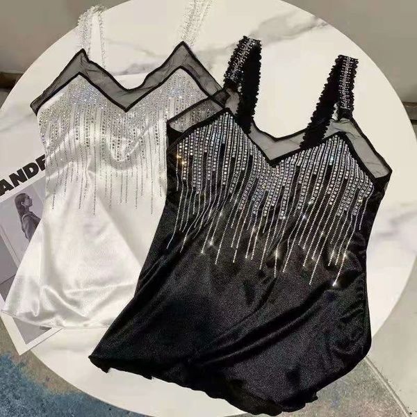 

525 spot heavy industry bright diamond decoration smooth surface mesh stitching small v-neck mouth womens outer inner wear mid-length vest, Black;white