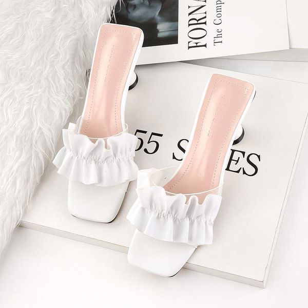 

women sandals pu slip on 6cm thin heels high square toe shallow shoes sandalias mujer 2021 size 35-42 pink, Black