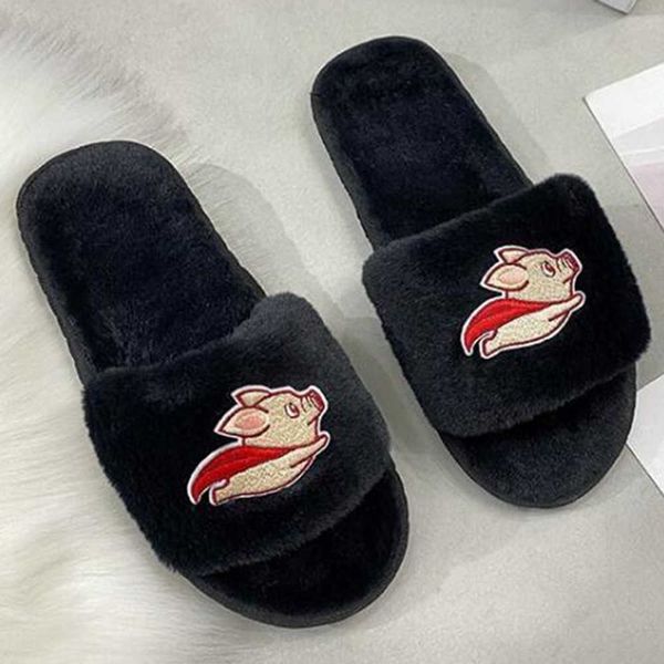 

plush slipper autumn wear casual fashion home shoes anti slip flat bottom womens xx 8 210625, Black